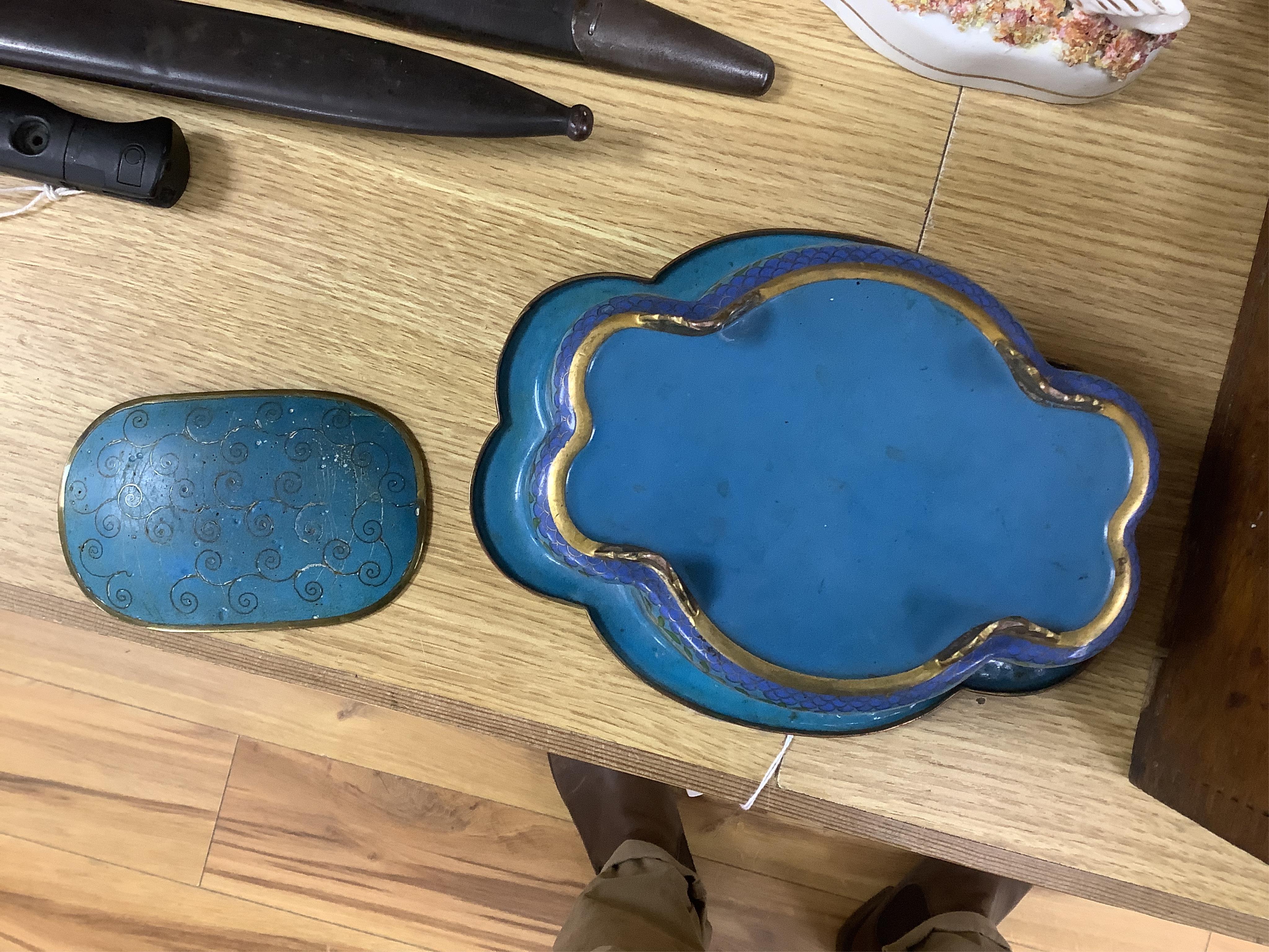 A late 19th century Chinese floral decorated cloisonné enamel quatrefoil shaped bowl on four feet and a similar pin dish, Bowl 24cm wide. Condition - interior marked